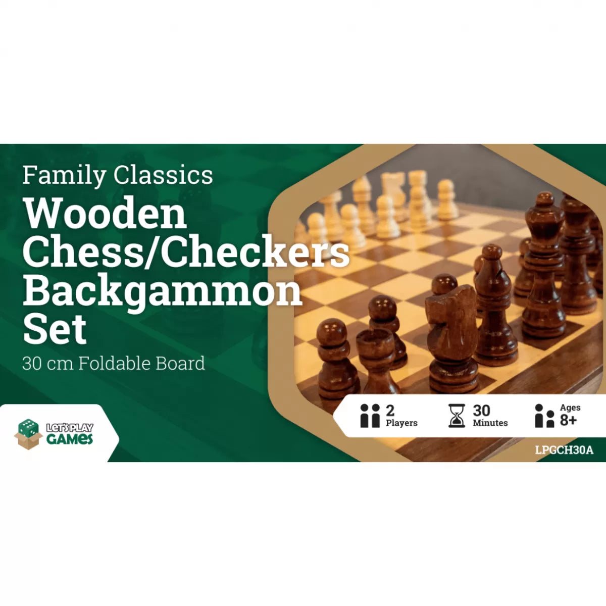 LPG Classics - Wooden Chess/Checkers Backgammon Set 30cm